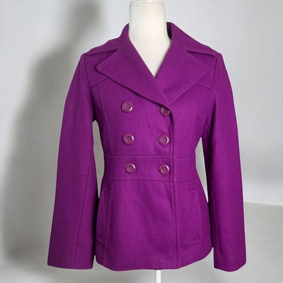 GUESS Purple Peacoat Jacket Wool-Blend Button Front POCKETS Women's Size S - Picture 1 of 9